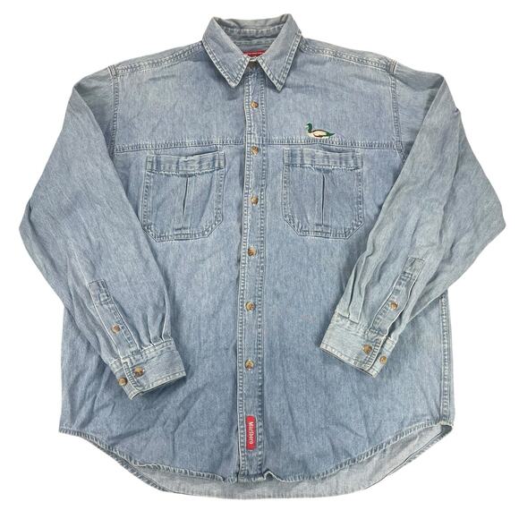 VTG Marlboro Denim Shirt Men Sz M Duck Embroidered Pockets Faded Cowboy Outdoor - Picture 13 of 13